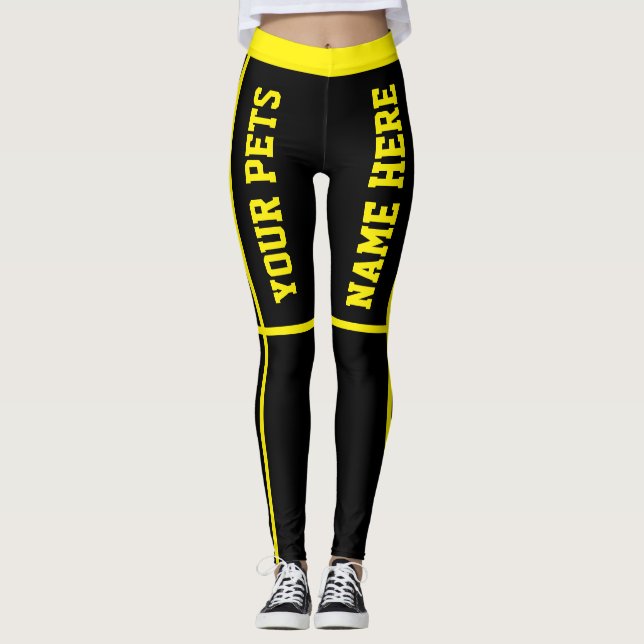 Personalized Bright Yellow Black Stripes Pet Names Leggings (Front)