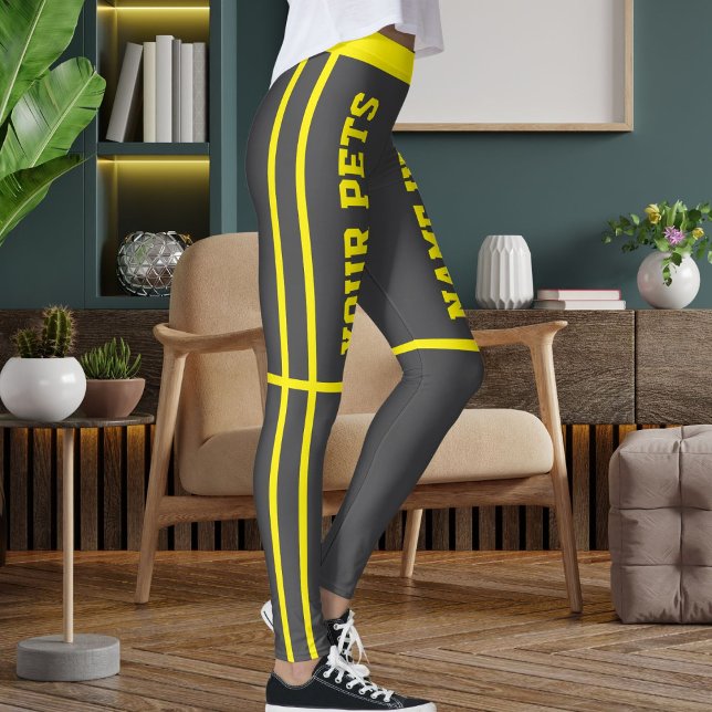 Personalized Bright Yellow Grey Stripes Pet Names Leggings (Creator Uploaded)
