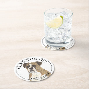 Personalized Brindle Boxer Dog Wedding Round Paper Coaster
