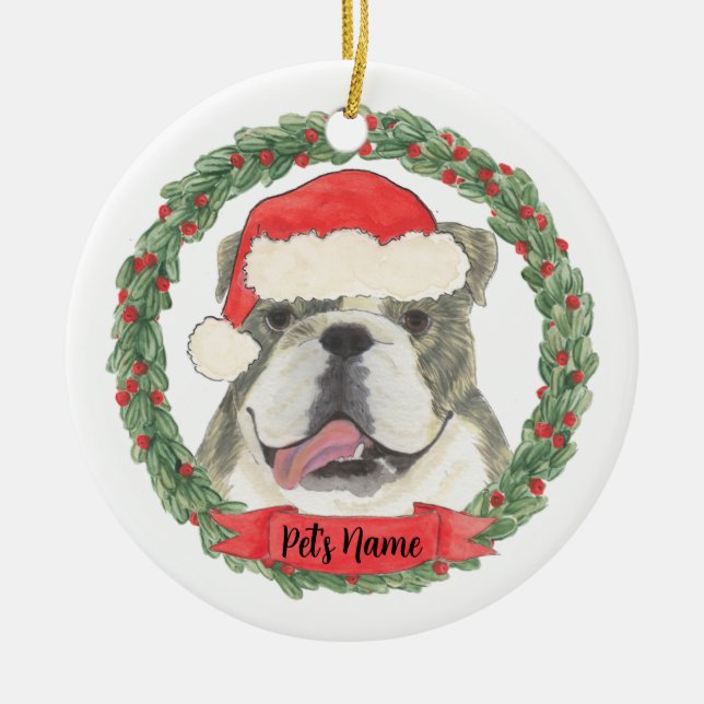 Personalized Brindle English Bulldog Christmas Ceramic Ornament (Front)