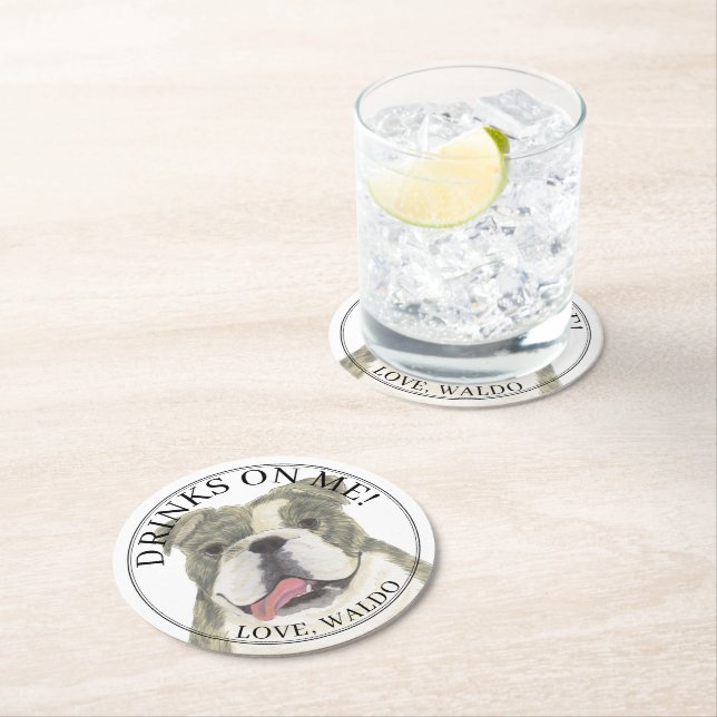 Personalized Brindle English Bulldog Dog Wedding Round Paper Coaster (Insitu)