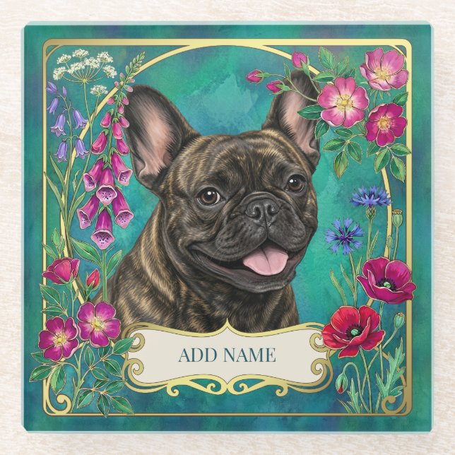 Personalized Brindle French Bulldog Teal Coaster (Front)