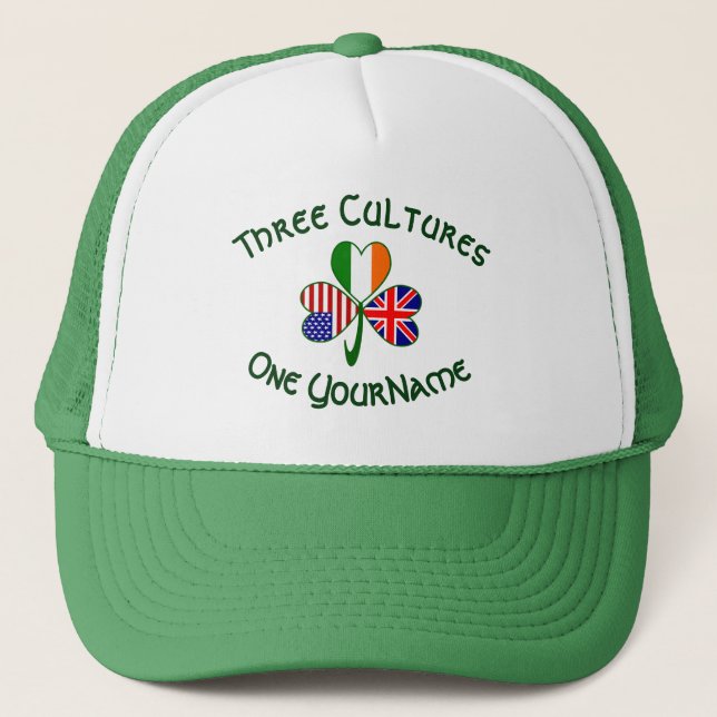 Personalized British Ireland USA Flag Shamrock Trucker Hat (Front)