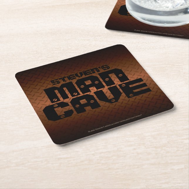 Personalized Bronze Diamond Plate Man Cave Square Paper Coaster (Angled)