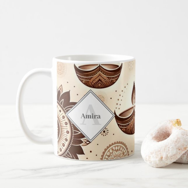 Personalized Bronze & Gold Diwali Diyas & Rangoli Coffee Mug (With Donut)