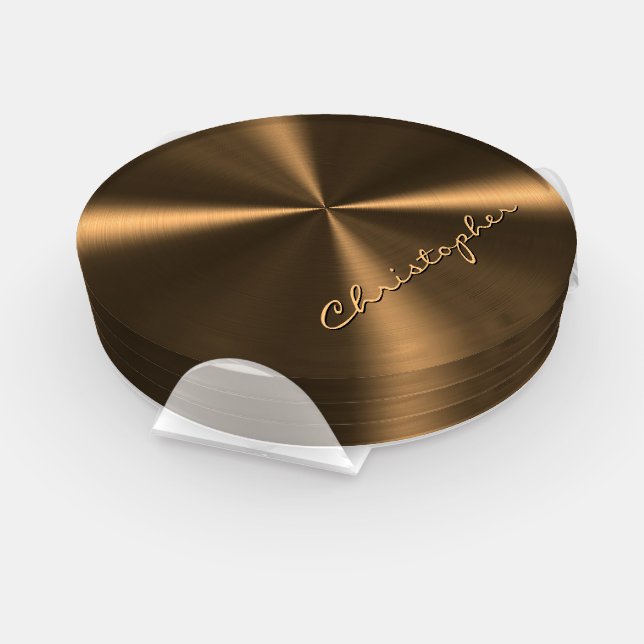 Personalized Bronze Metallic Radial Texture Coaster Set (Set)
