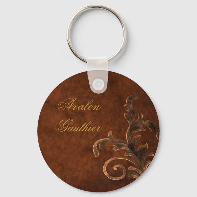 Personalized Bronze Scroll Leaf Keychain (Front)