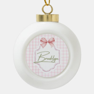 Personalized Brooklyn Baby Girl Nursery BowGingham Ceramic Ball Christmas Ornament