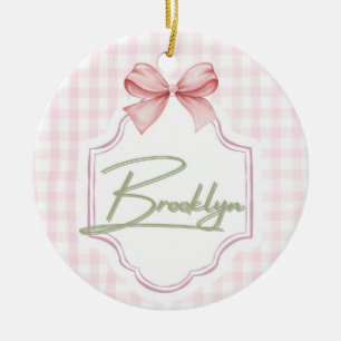 Personalized Brooklyn Baby Girl Nursery BowGingham Ceramic Ornament