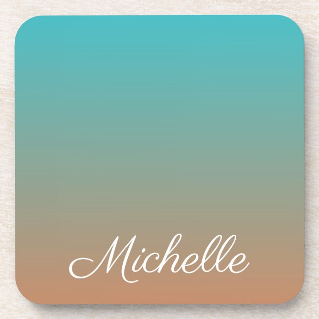 Personalized brown and blue ombre beverage coaster (Front)