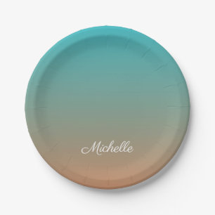 Personalized brown and blue ombre paper plates
