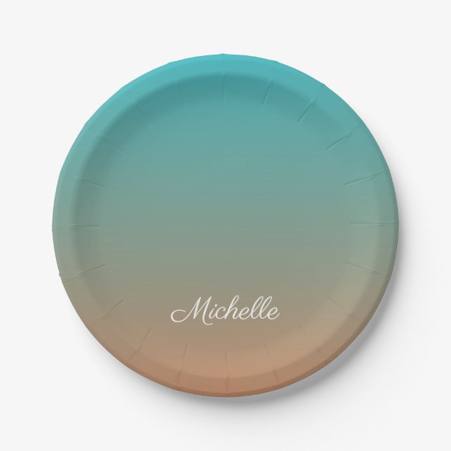 Personalized brown and blue ombre paper plates (Front)