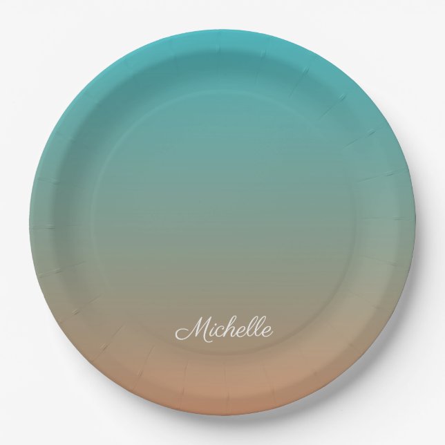 Personalized brown and blue ombre paper plates (Front)