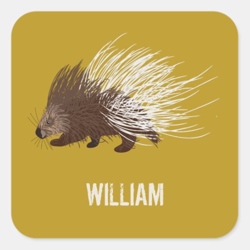 Personalized Brown and Mustard Porcupine Square Sticker