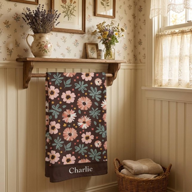 Personalized Brown and Pink Floral Bath Towel (Creator Uploaded)