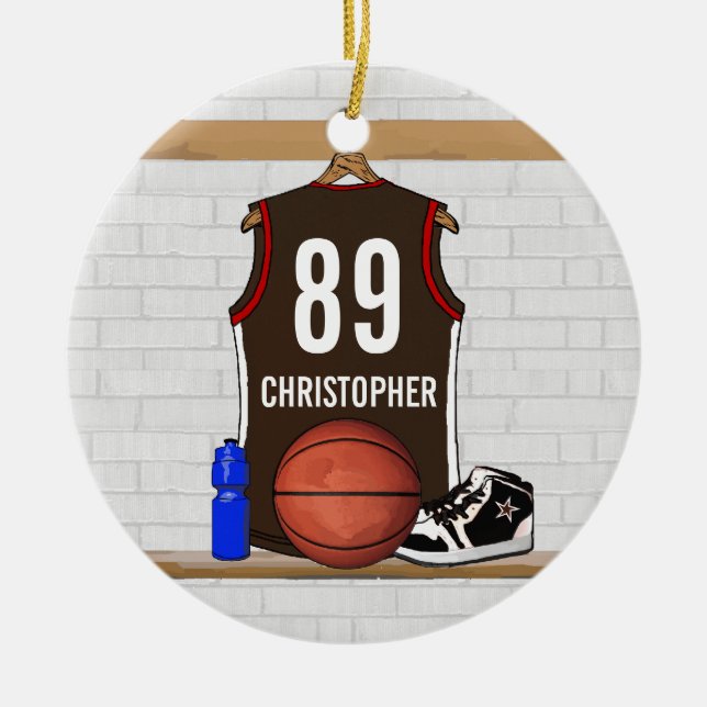 Personalized Brown and Red Basketball Jersey Ceramic Ornament (Front)
