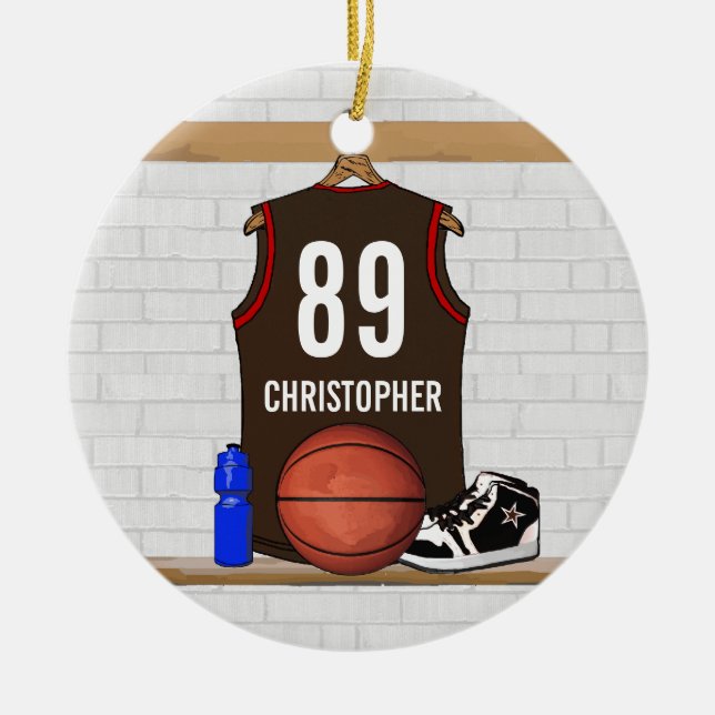 Personalized Brown and Red Basketball Jersey Ceramic Ornament (Front)