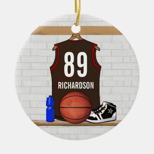 Personalized Brown and Red Basketball Jersey Ceramic Ornament (Front)