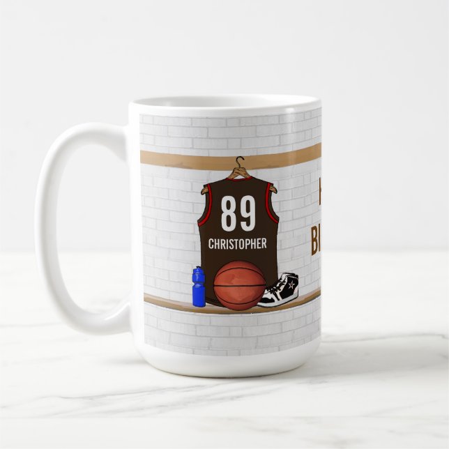 Personalized Brown and Red Basketball Jersey Coffee Mug (Left)
