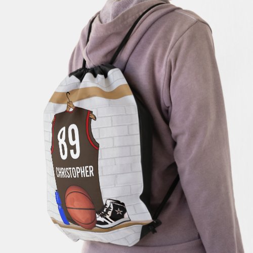 Personalized Brown and Red Basketball Jersey Drawstring Bag