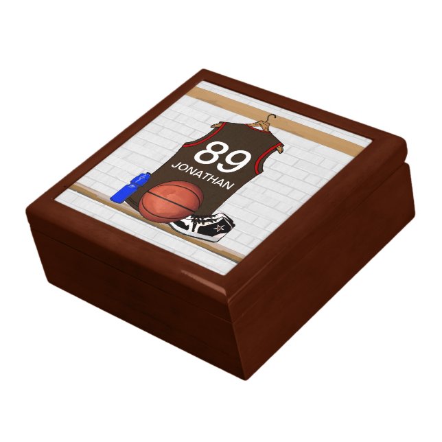 Personalized Brown and Red Basketball Jersey Keepsake Box (Side)