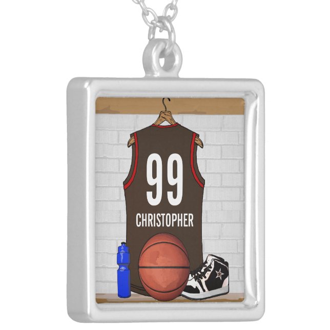Personalized Brown and Red Basketball Jersey Silver Plated Necklace (Front Left)