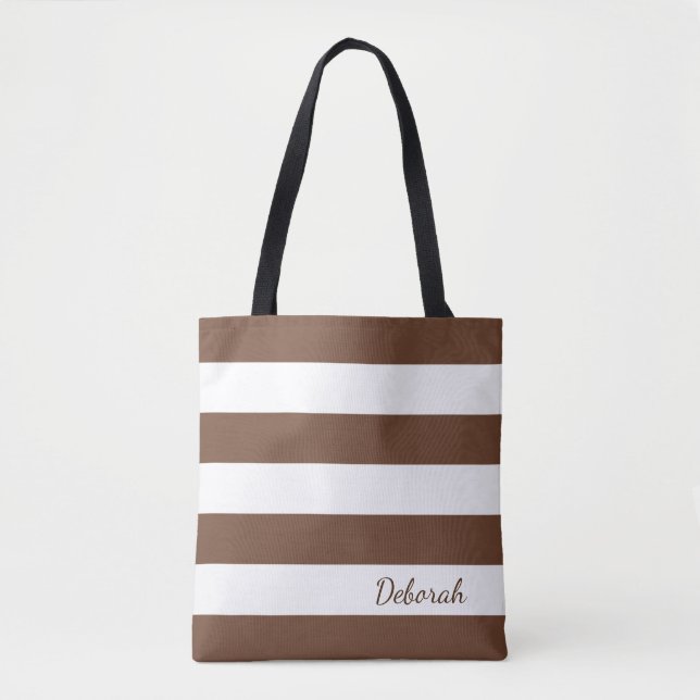 Personalized Brown and White Striped Tote Bag (Front)