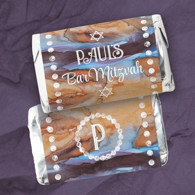 Personalized Brown Bar Mitzvah Candy Bar Label Hershey's Miniatures (custom candy bar wrapper for boy's birthday or bar mitzvah, monogram, brown, blue, eggplant purple)