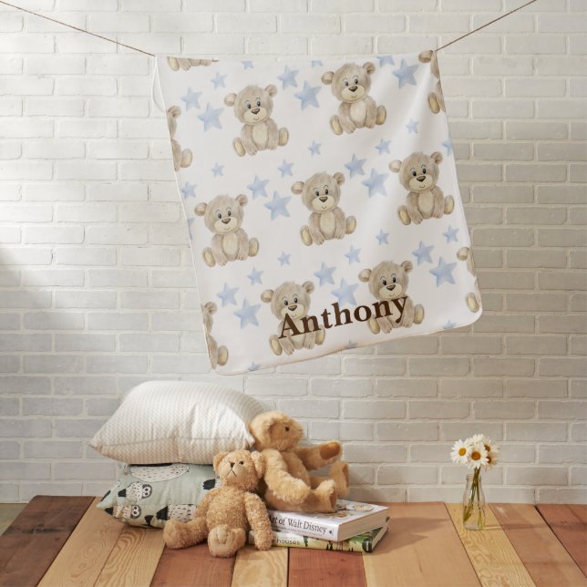 Personalized Brown Bear Blue Stars Watercolor  Baby Blanket (In Situ)