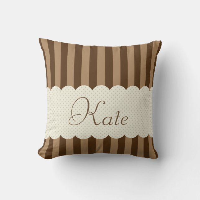 Personalized Brown Beige Stripes Polka Dots Design Throw Pillow (Front)