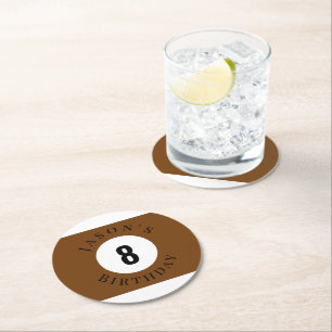 Personalized Brown Billiard Pool Ball Birthday Round Paper Coaster