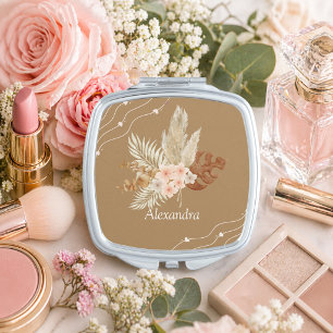 Personalized Brown Boho Floral Gift Compact Mirror