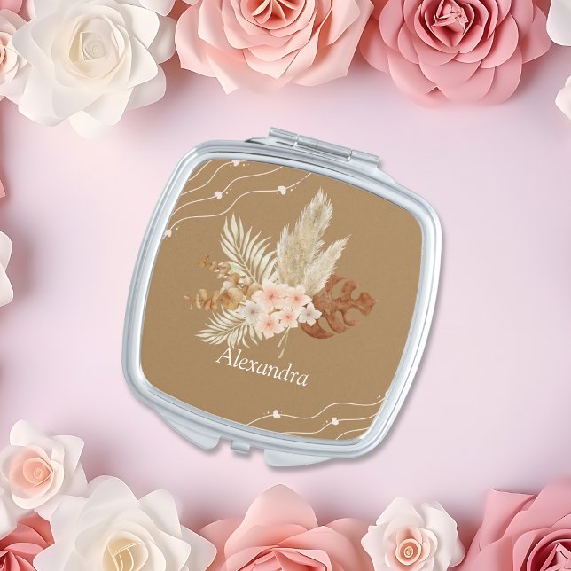 Personalized Brown Boho Floral Gift Compact Mirror (Creator Uploaded)
