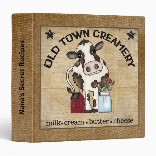 Personalized Brown Burlap Creamery Cow 3 Ring Binder