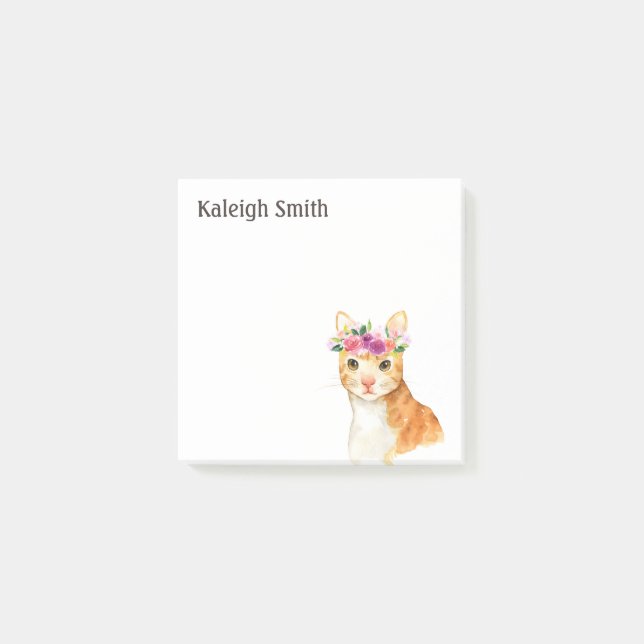 Personalized  Brown Cat Kitten Purple Pink Floral Post-it Notes (Front)