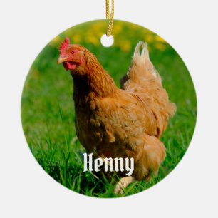 Personalized Brown Chicken in the grass Ceramic Ornament