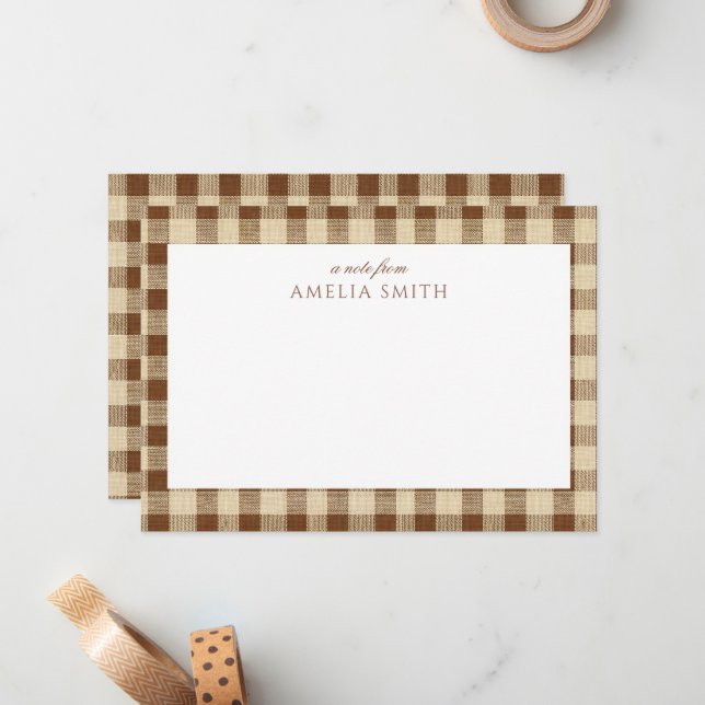 Personalized Brown coffee Gingham Notecard (Front/Back In Situ)