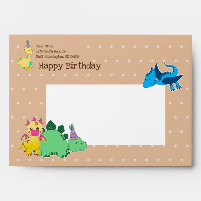 Personalized Brown Dinosaur Themed Party Girls Envelope (Front)