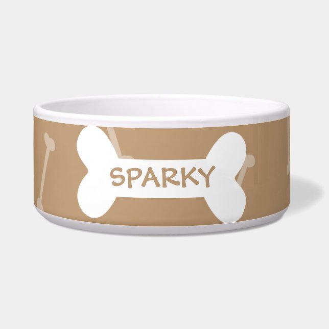 Personalized brown dog bones pet food bowl (Front)