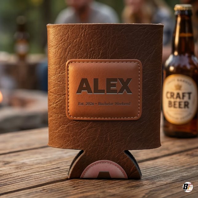 Personalized Brown Faux Leather Bachelor Party C Can Cooler (Creator Uploaded)