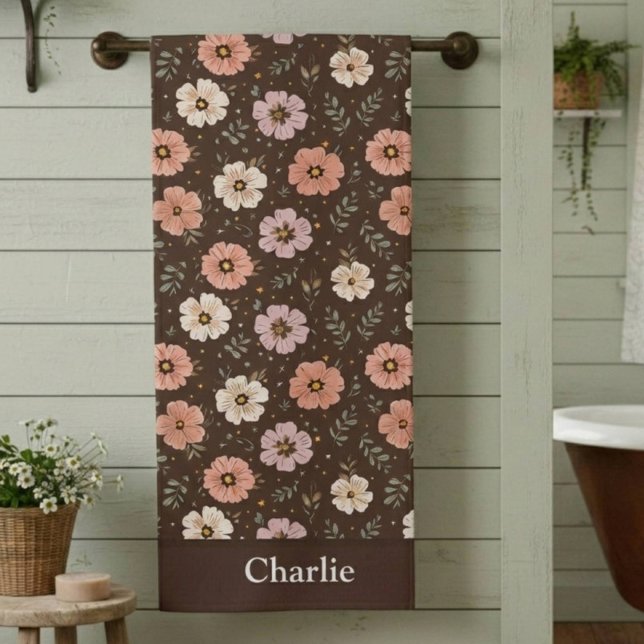 Personalized Brown Floral Bath Towel (Creator Uploaded)