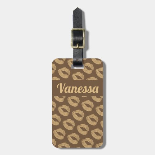 Personalized Brown Gold Glitter Lips Elegant Luggage Tag
