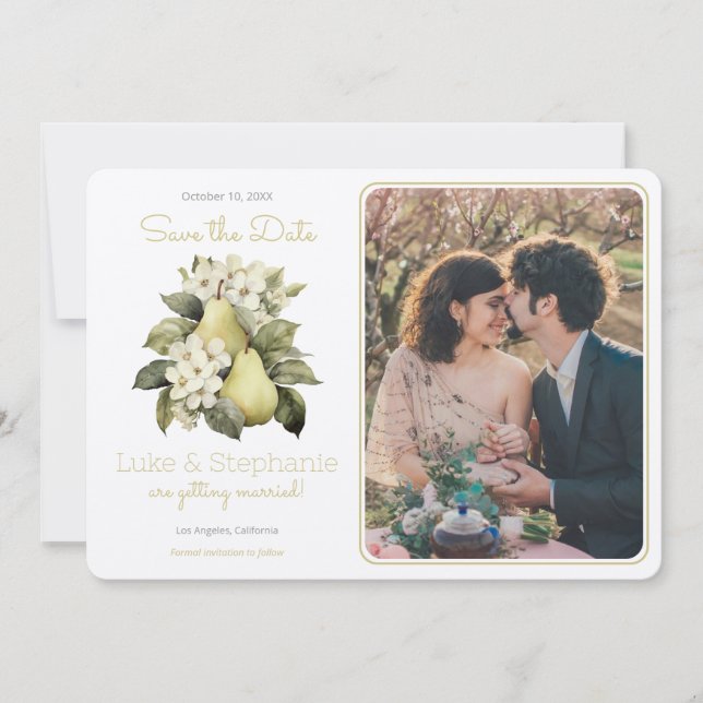 Personalized Brown Green Pear Photo Save The Date  Invitation (Front)