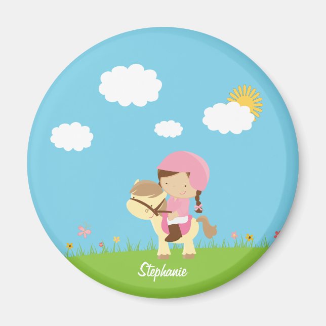 Personalized brown hair horse rider girl floral magnet (Front)