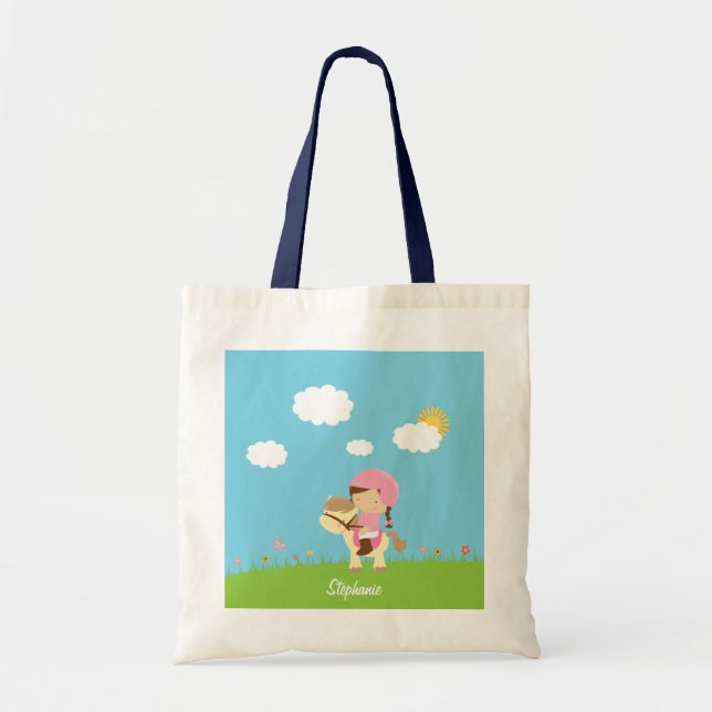 Personalized brown hair horse rider girl floral tote bag (Front)