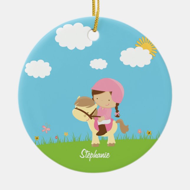 Personalized brown hair horse rider girl ornament (Front)