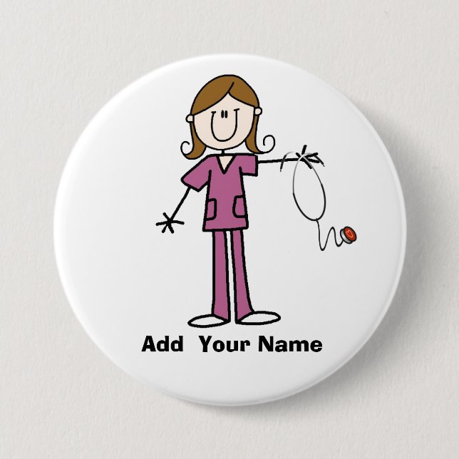 Personalized Brown Hair Stick Figure Nurse  Button (Front)