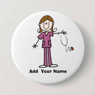 Personalized Brown Hair Stick Figure Nurse  Button