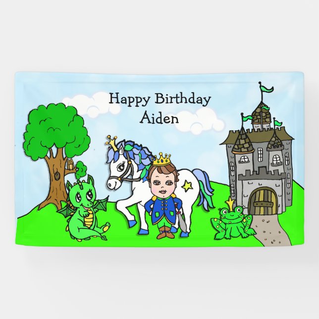 Personalized Brown Haired Prince Birthday Banner (Horizontal)