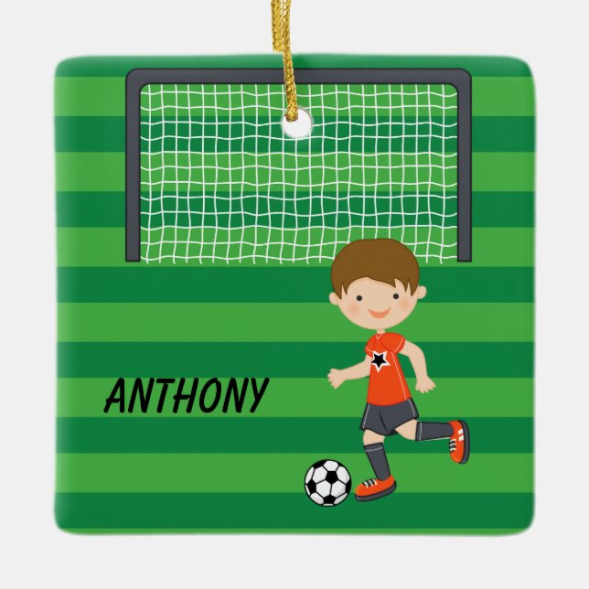Personalized Brown Haired Soccer Boy Christmas Ceramic Ornament (Front)